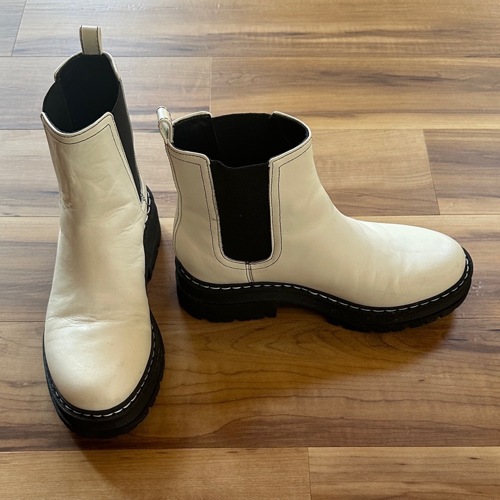 Women’s White Chelsea Boots with Black Sole Marc Fisher